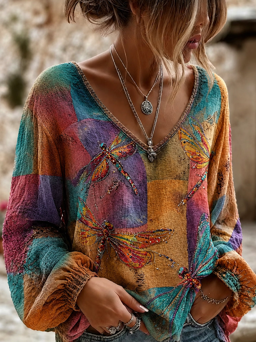 Damen-Top aus Baumwolle-Leinen im Vintage-Look mit floraler Kunstprint-Optik