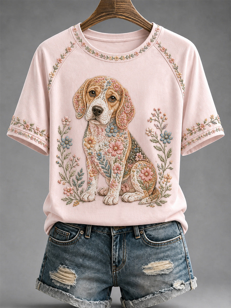 Damen-Blumen-Hunde-Print-lässiges T-Shirt