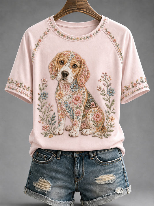 Damen-Blumen-Hunde-Print-lässiges T-Shirt