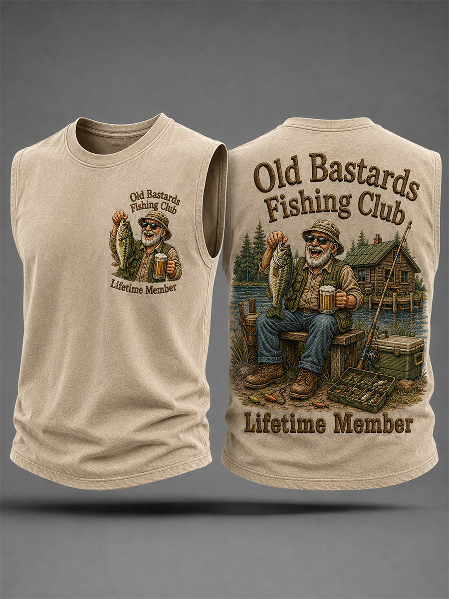 Lustiges Herren-Tanktop mit dem Aufdruck „Lebenslanges Mitglied des Anglerclubs der alten Schelme“ für den Alltag