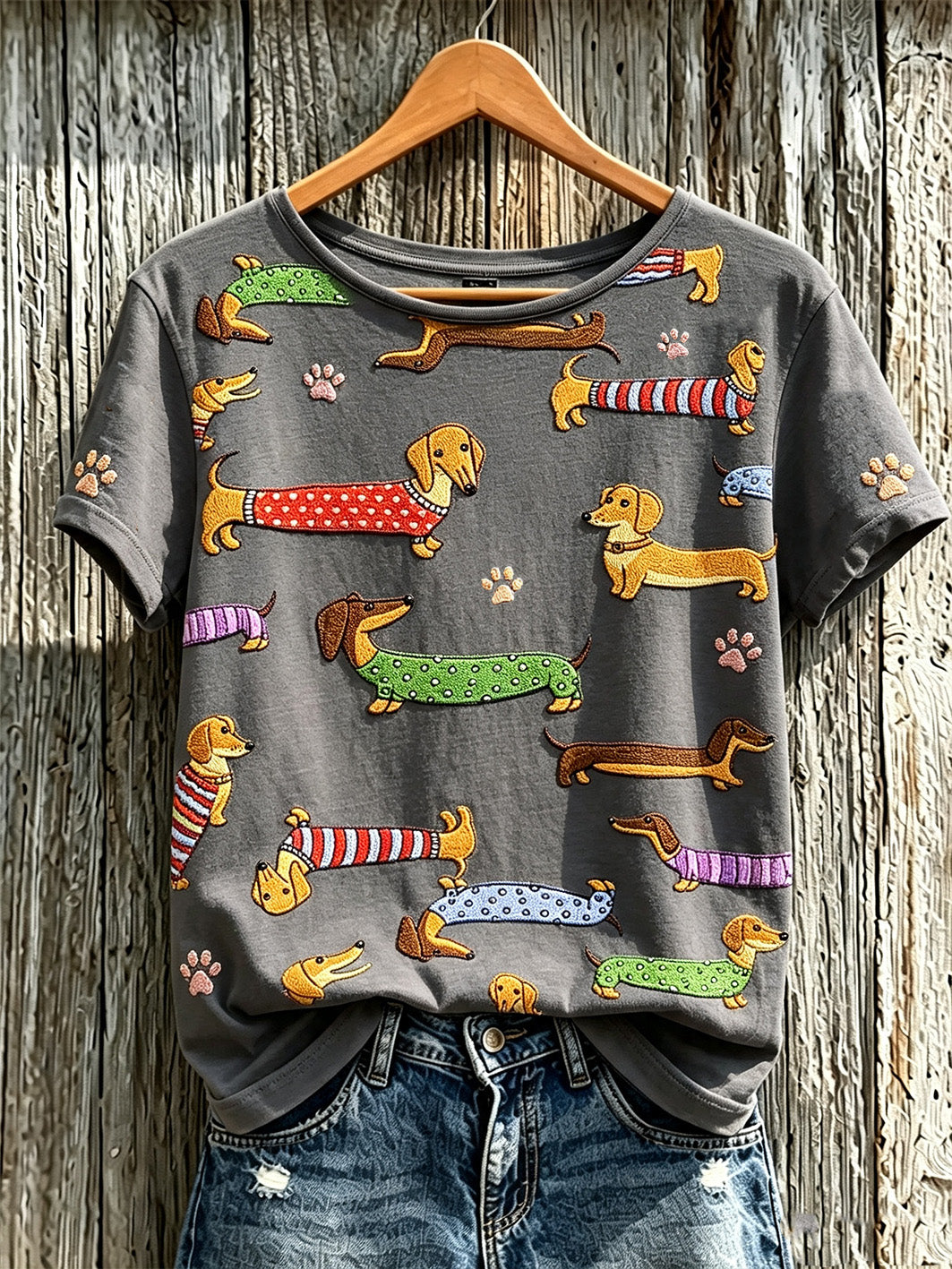 Damen niedliches Hunde muster bedrucktes lässiges Kurzarm-T-Shirt