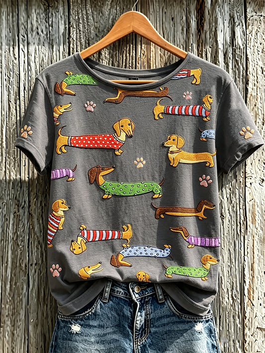 Damen niedliches Hunde muster bedrucktes lässiges Kurzarm-T-Shirt