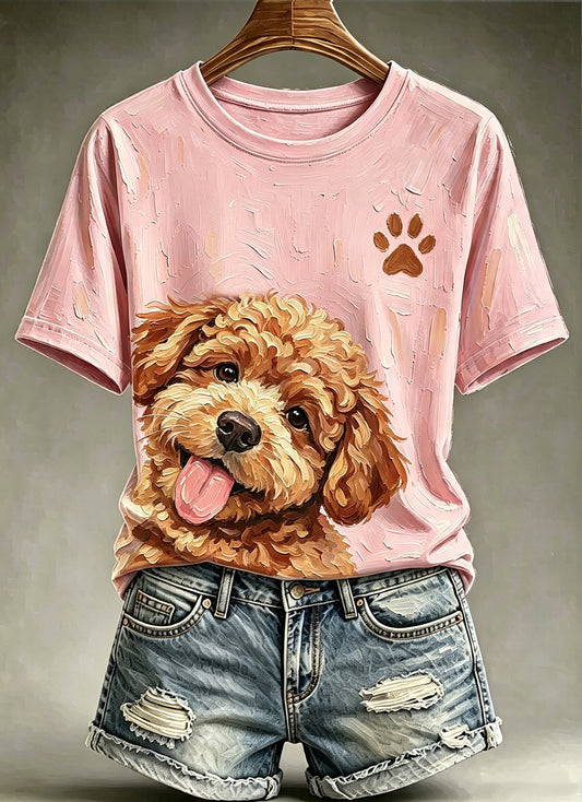 Niedliches Tierhund-Ölgemälde für Damen bedrucktes T-Shirt mit kurzen Ärmeln in Vintage-Mode