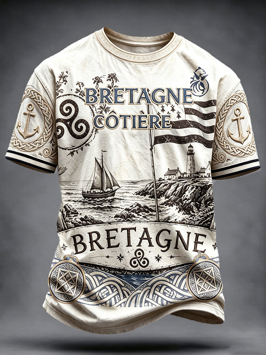 Herren Vintage französische Flagge Bretagne Print Casual T-Shirt