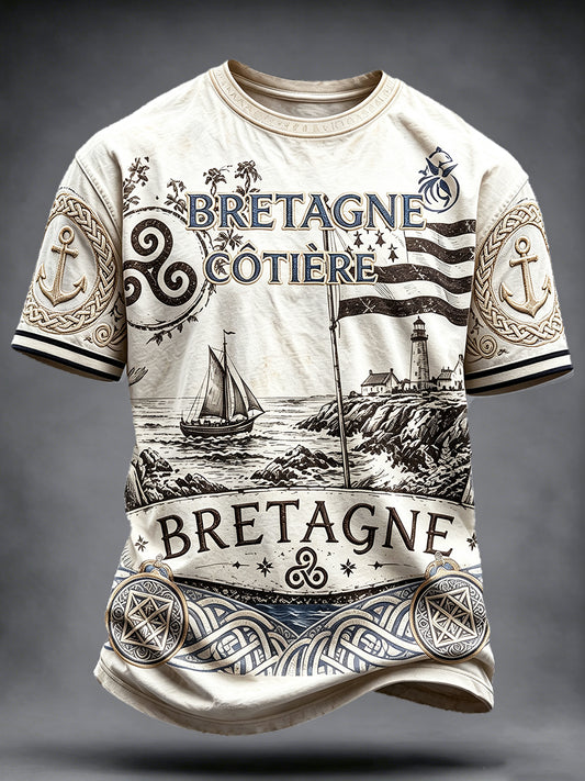 Herren Vintage französische Flagge Bretagne Print Casual T-Shirt
