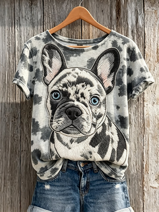Damen T-Shirt mit französischem Bulldog-und Hunde mantel muster bedruckt
