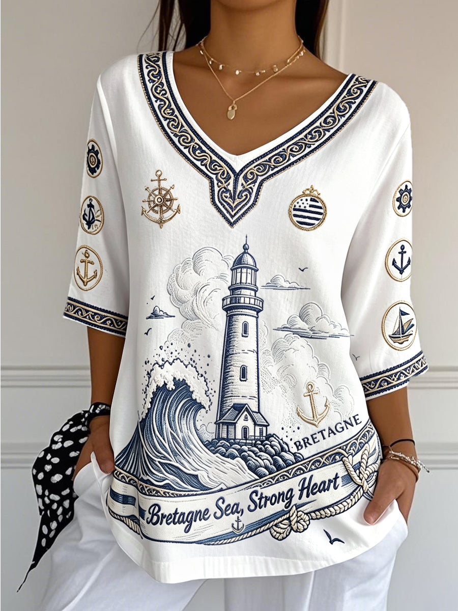 Frauen weißes französisches breton bedrucktes leichtes Baumwoll-Leinen-T-Shirt mit V-Ausschnitt