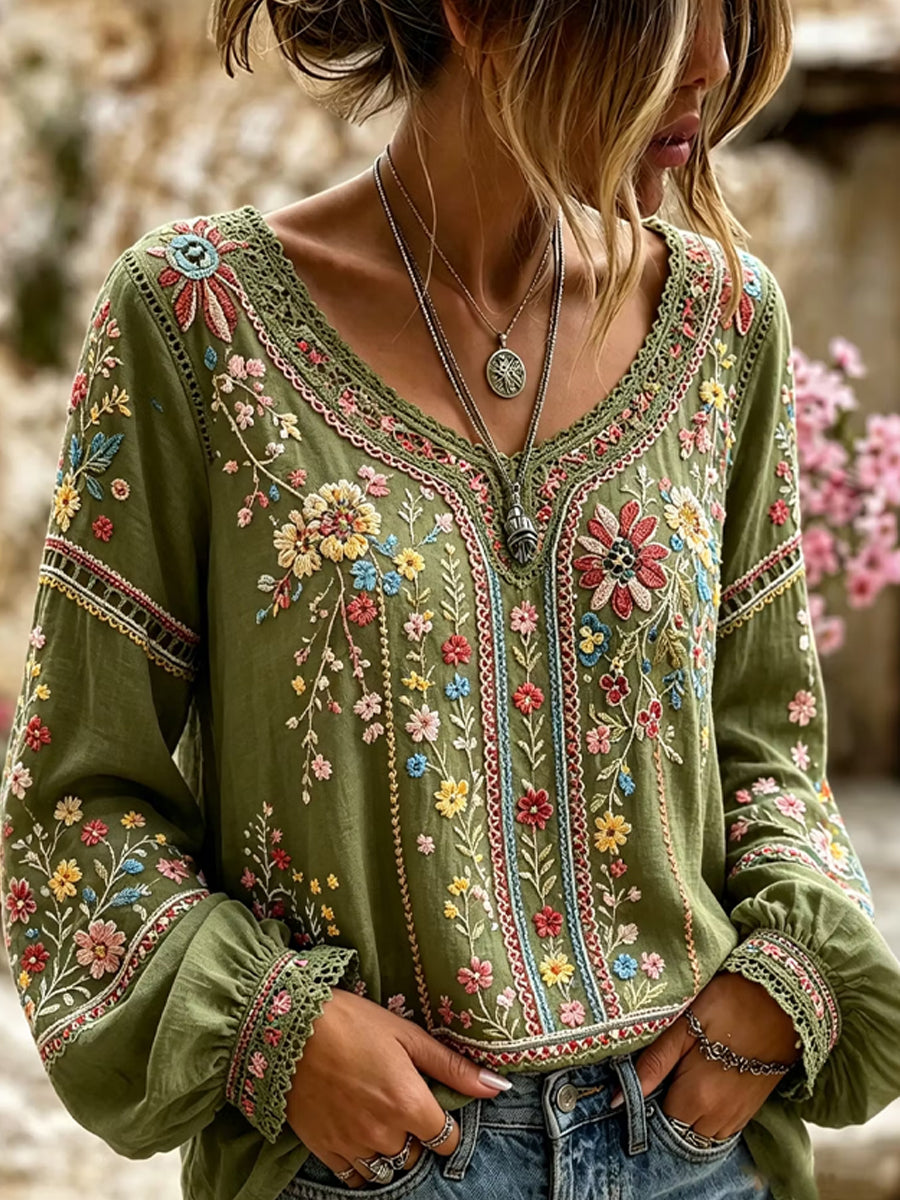 Damen-Top aus Baumwolle-Leinen im Vintage-Look mit floraler Kunstprint-Optik