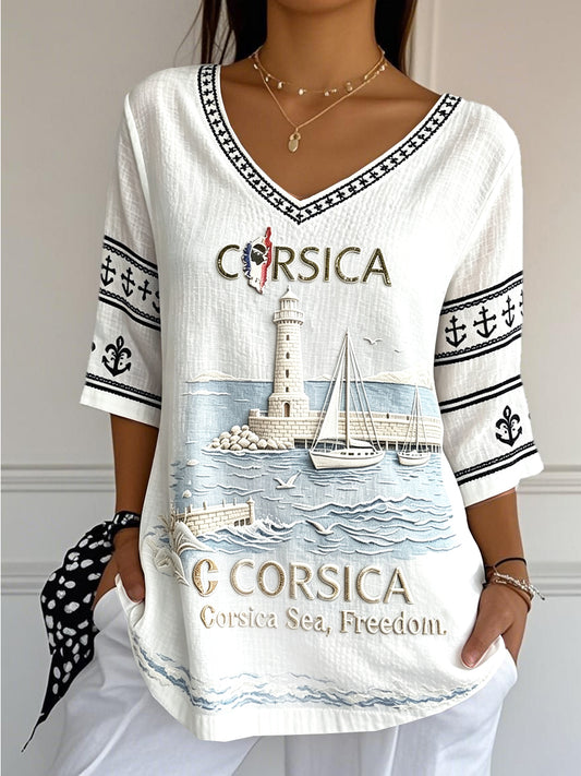 Frauen Französisch Korsisch Voyage Print Weiß Cool Sommer Baumwolle-Leinen T-Shirt mit V-Ausschnitt