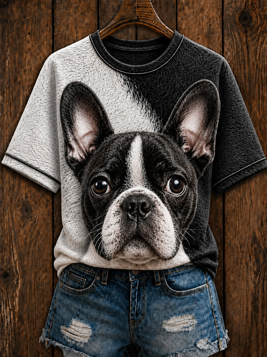 Frauen niedliches Boston Terrier Kunst Rundhals-T-Shirt mit kurzen Ärmeln