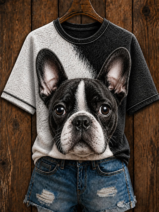 Frauen niedliches Boston Terrier Kunst Rundhals-T-Shirt mit kurzen Ärmeln