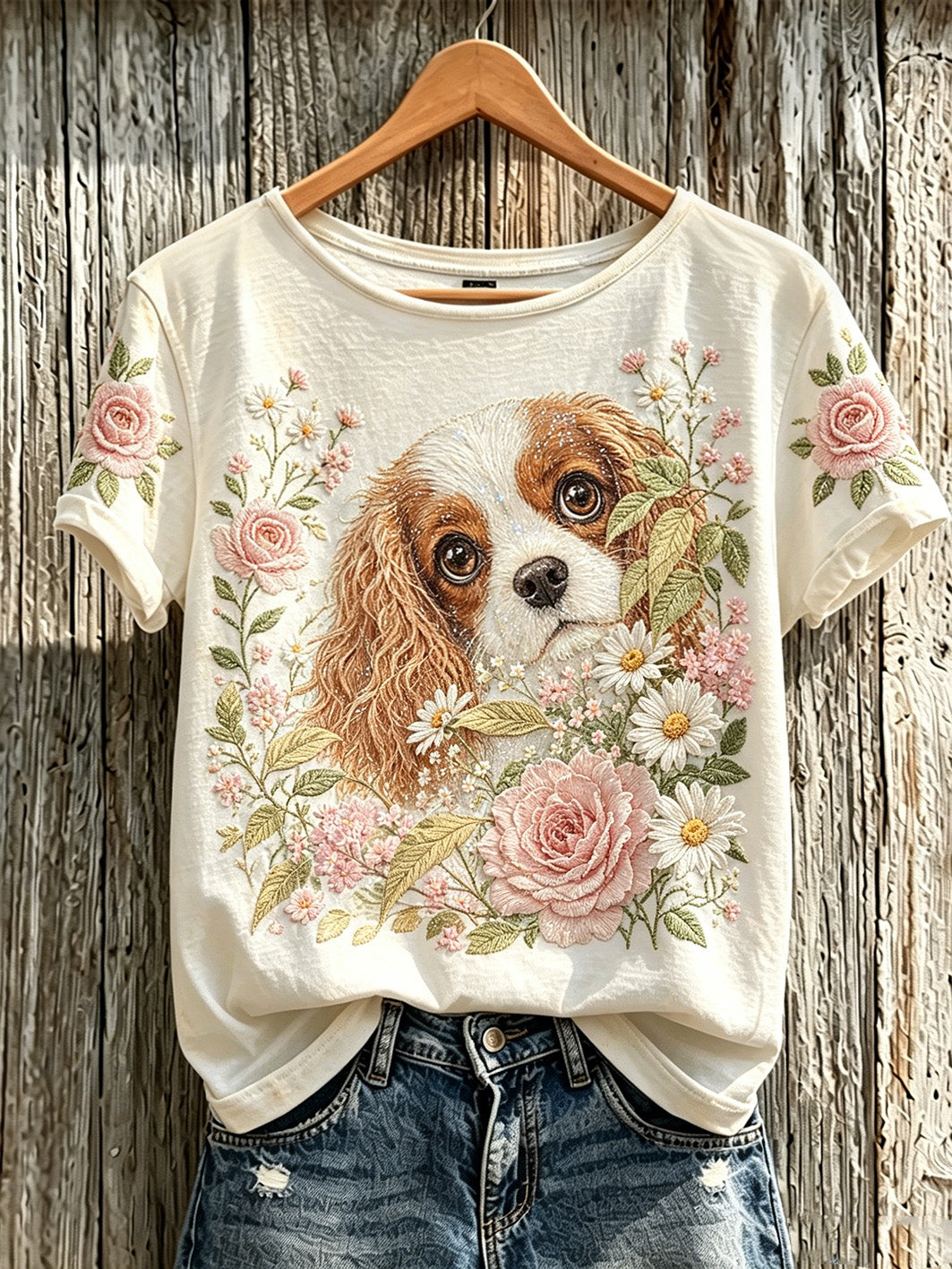 Gedrucktes kurzärmliges T-Shirt mit niedlichem Hunde-und Pflanzen muster für Frauen