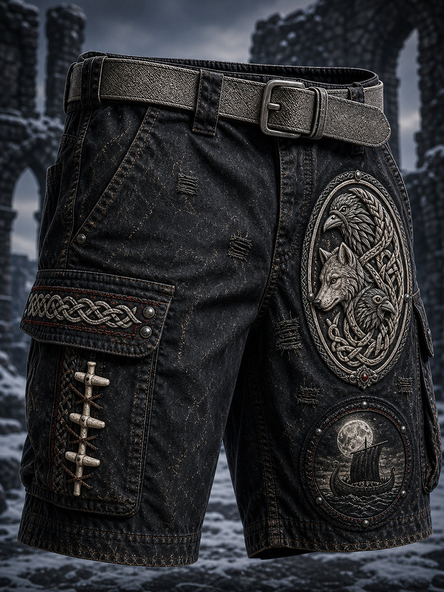 Retro-Viking-Hose im nordischen Stil mit grafischem Print, lässiger Cargostil