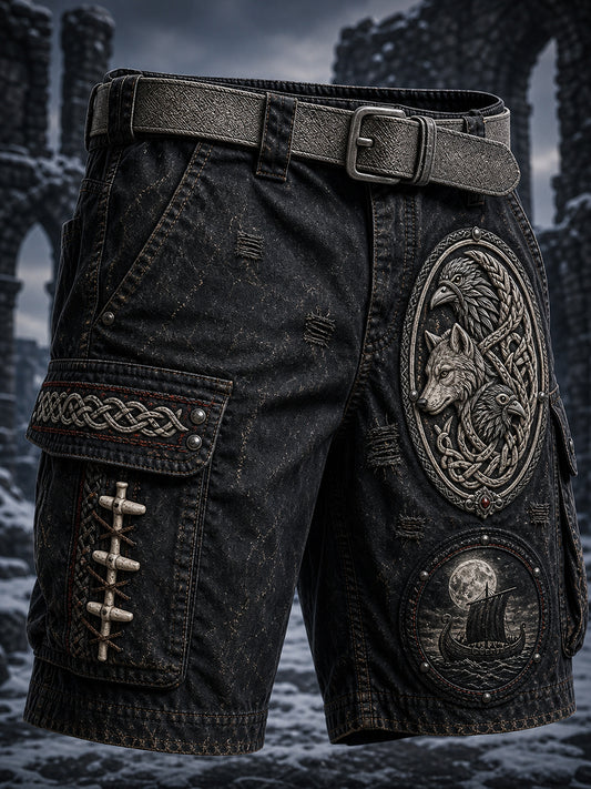 Retro-Viking-Hose im nordischen Stil mit grafischem Print, lässiger Cargostil
