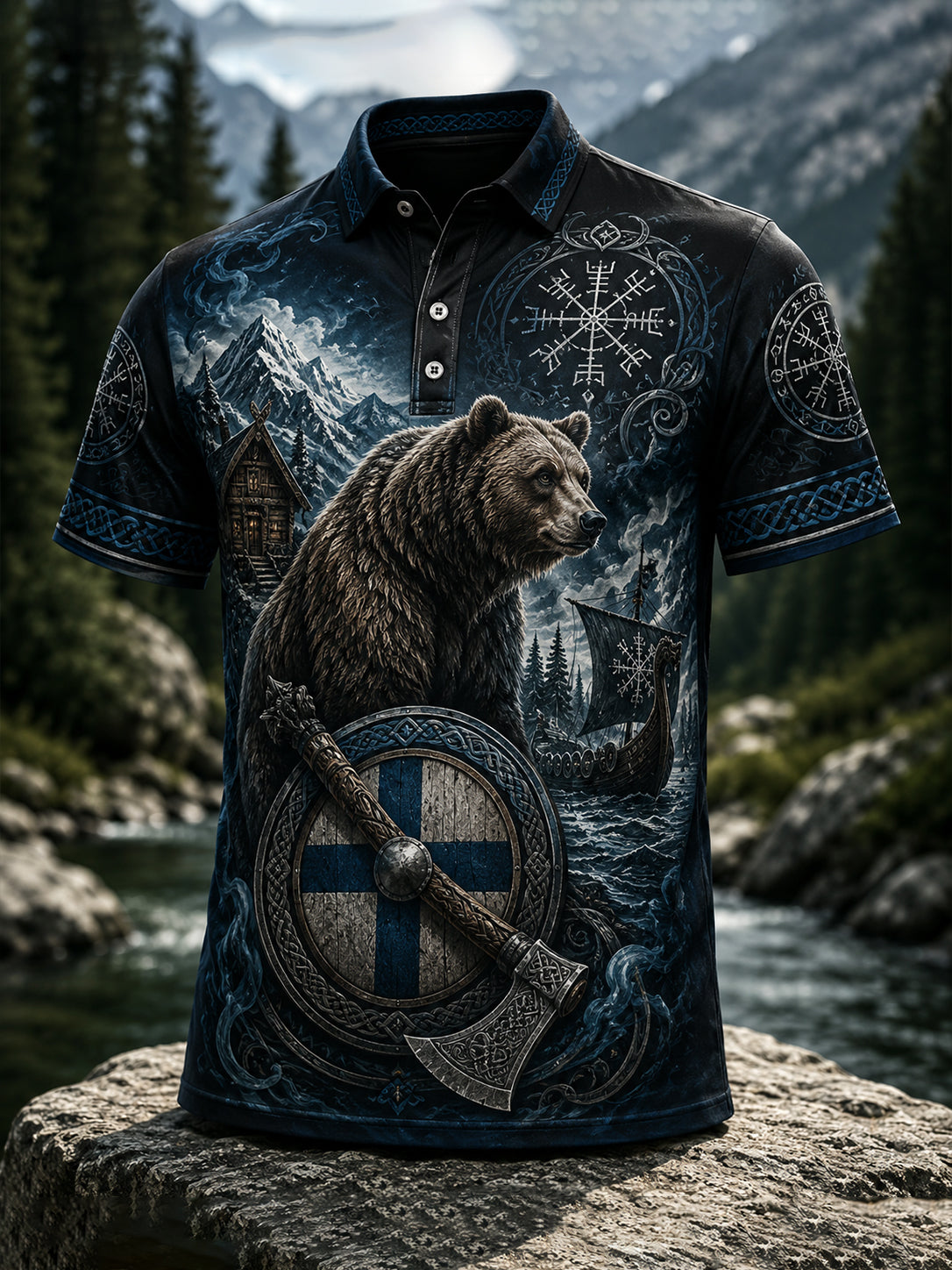 Herren-Finnischer Wikinger-Patriotischer Kunstdruck-Polo