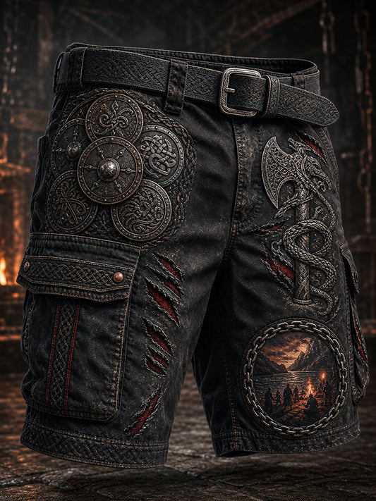 Retro-Viking-Hose im nordischen Stil mit grafischem Print, lässiger Cargostil
