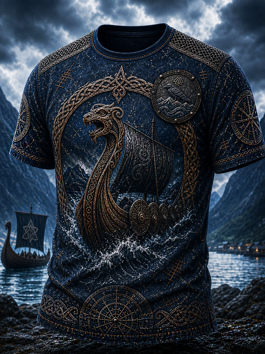 Retro-Viking-T-Shirt im nordischen Stil mit grafischem Print – lässig und bequem