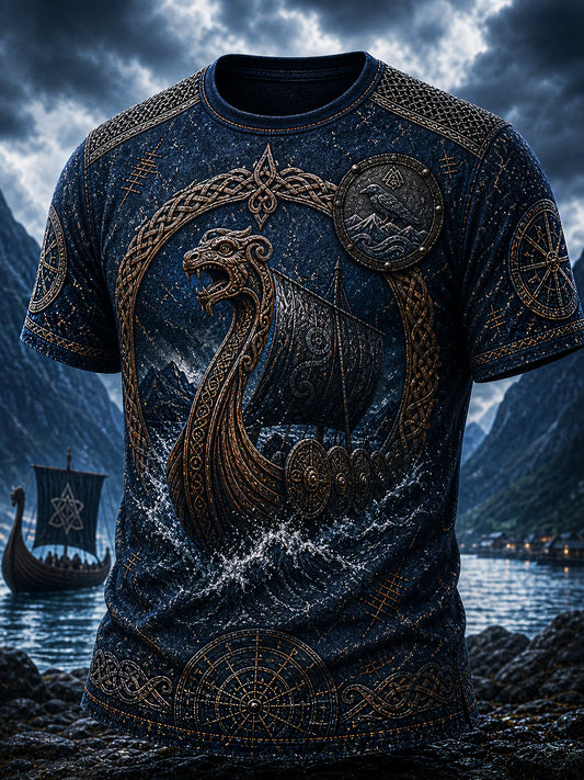 Retro-Viking-T-Shirt im nordischen Stil mit grafischem Print – lässig und bequem