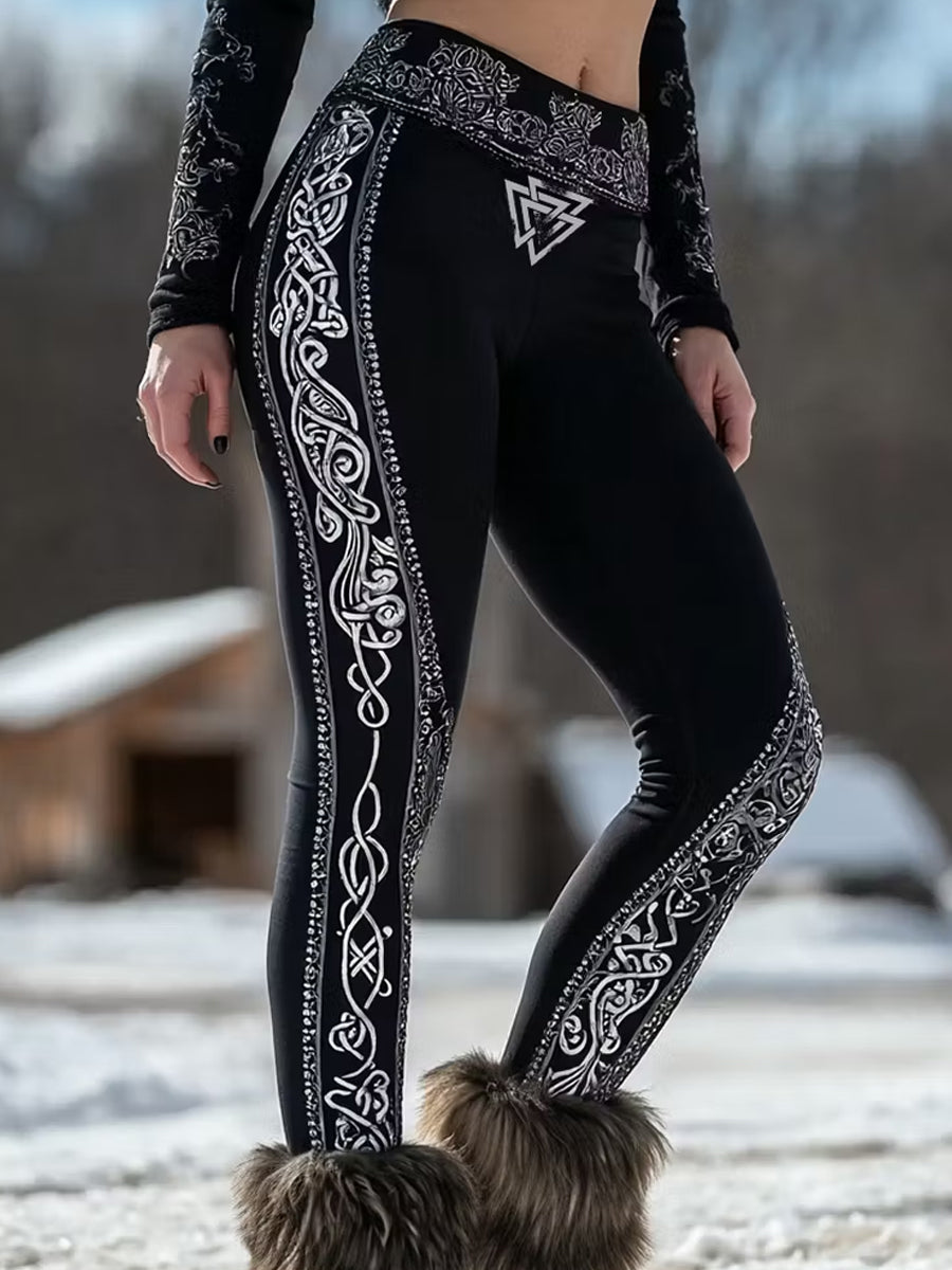 Lässige Leggings mit kunstvollem Vintage-Druck im Wikinger‑Nordik‑Stil