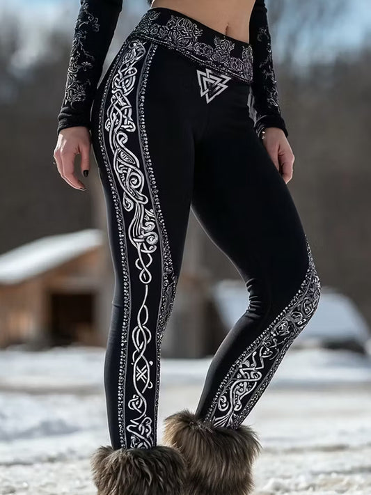 Lässige Leggings mit kunstvollem Vintage-Druck im Wikinger‑Nordik‑Stil