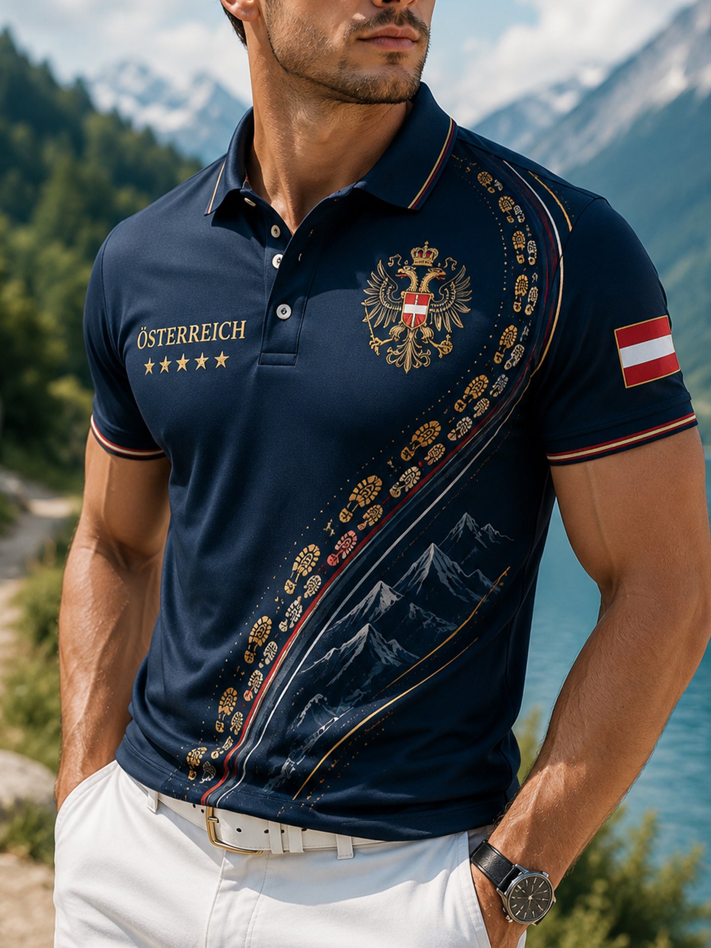 Herren-Poloshirt mit Kunstdruck und kulturellem Motiv der österreichischen Naturlandschaft