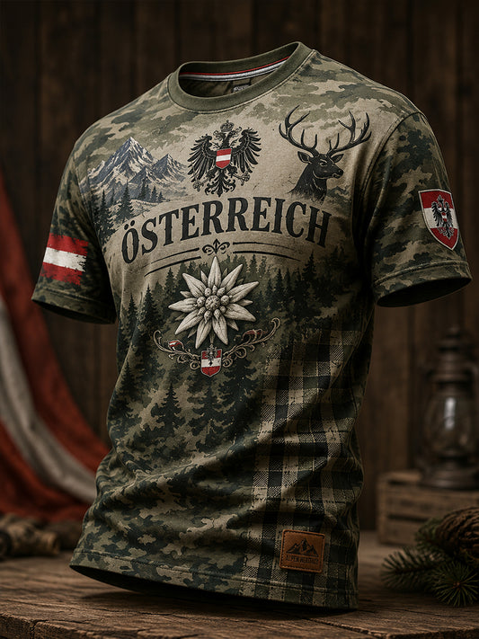 Österreich isches Floral Snow Mountain Element Kunstdruck T-Shirt für Männer