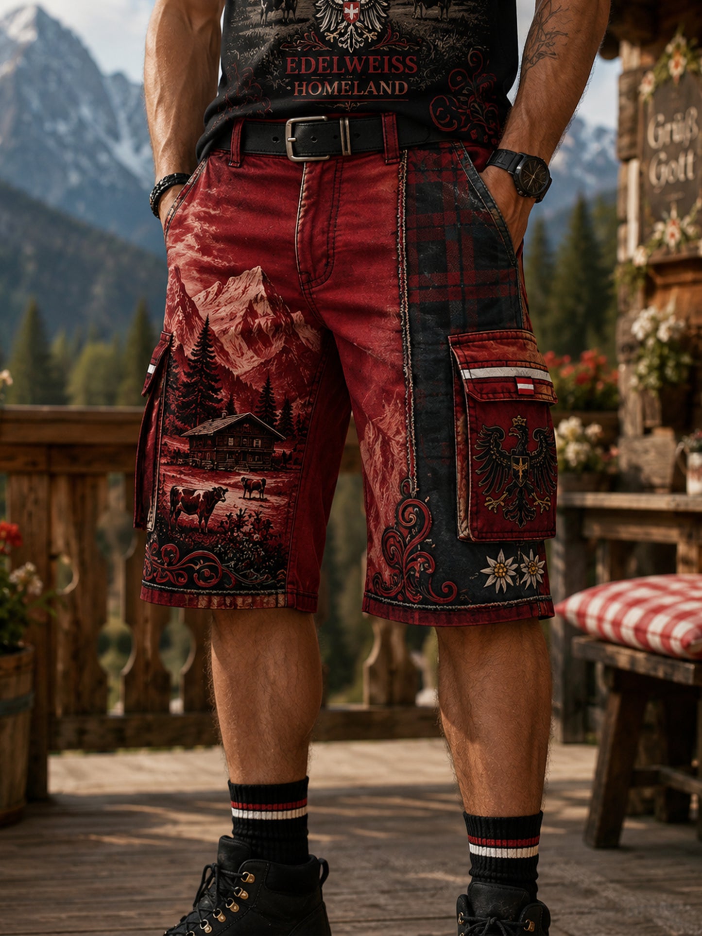 Herren-Shorts mit Kunstprint im österreichischen Kulturstil