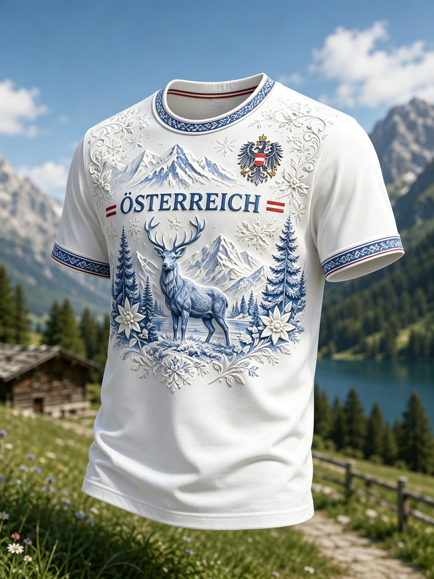 Herren-T-Shirt mit österreichischem Blumen- und Schneegebirgsmotiv als Kunstdruck