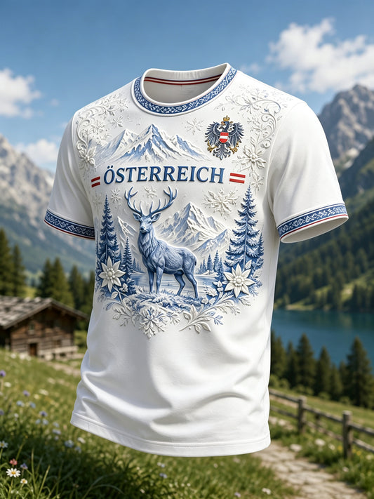 Herren-T-Shirt mit österreichischem Blumen- und Schneegebirgsmotiv als Kunstdruck