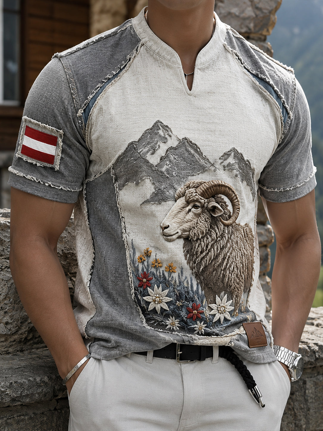 Herren-Top mit V-Ausschnitt und künstlerischem Print, inspiriert von der österreichischen ländlichen Kultur
