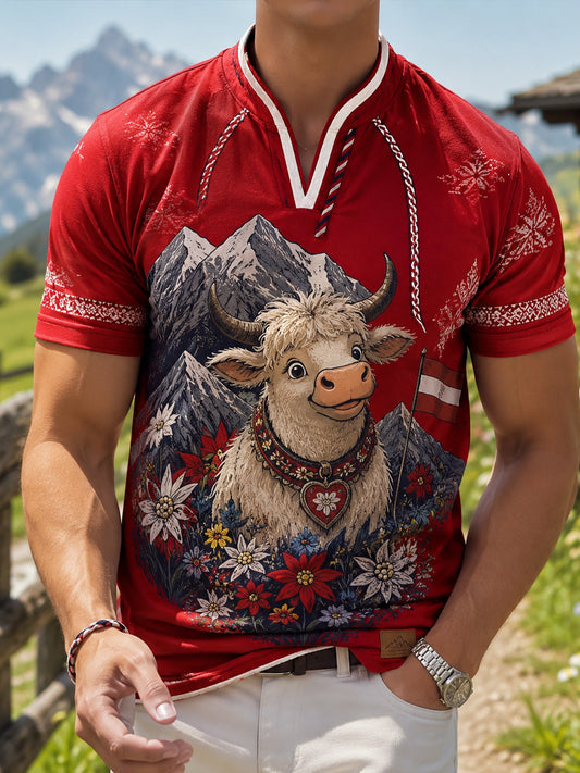 Herren-Top mit V-Ausschnitt und künstlerischem Print, inspiriert von der österreichischen ländlichen Kultur
