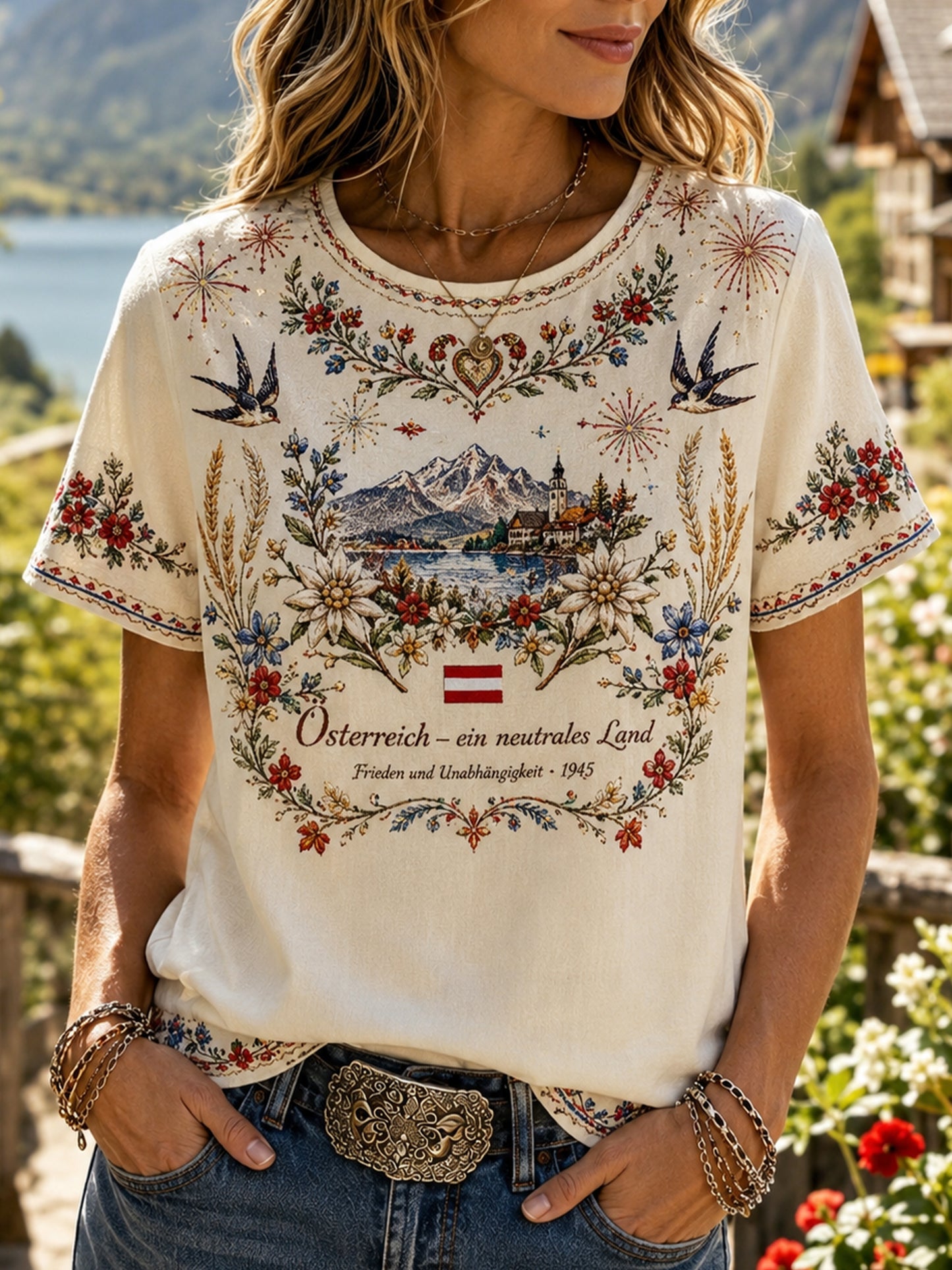 Frauen österreich ische kulturelle Elemente Kunstdruck T-Shirt