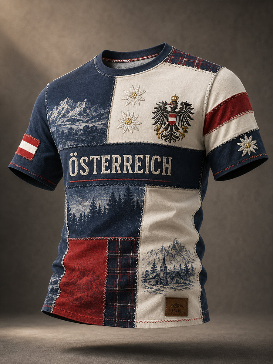 Österreich isches Floral Snow Mountain Element Kunstdruck T-Shirt für Männer