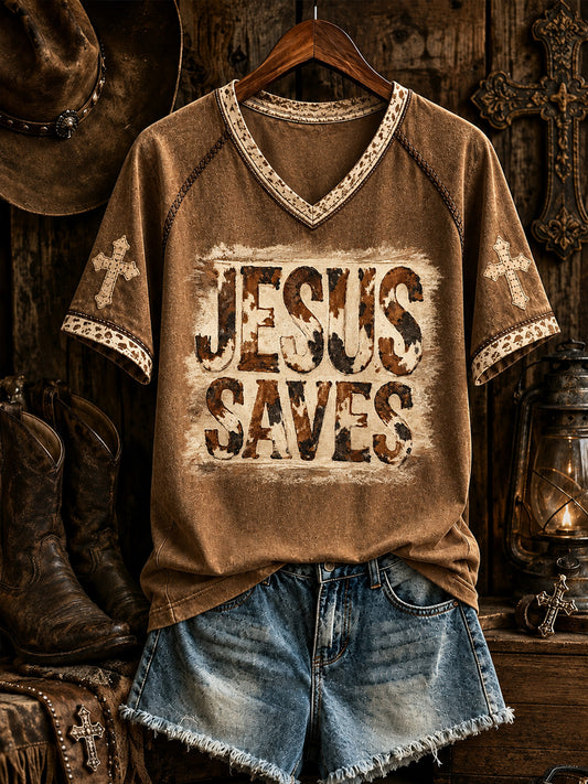 Damen Retro Western Christian JESUS SPAREN Kurzarm T-Shirt