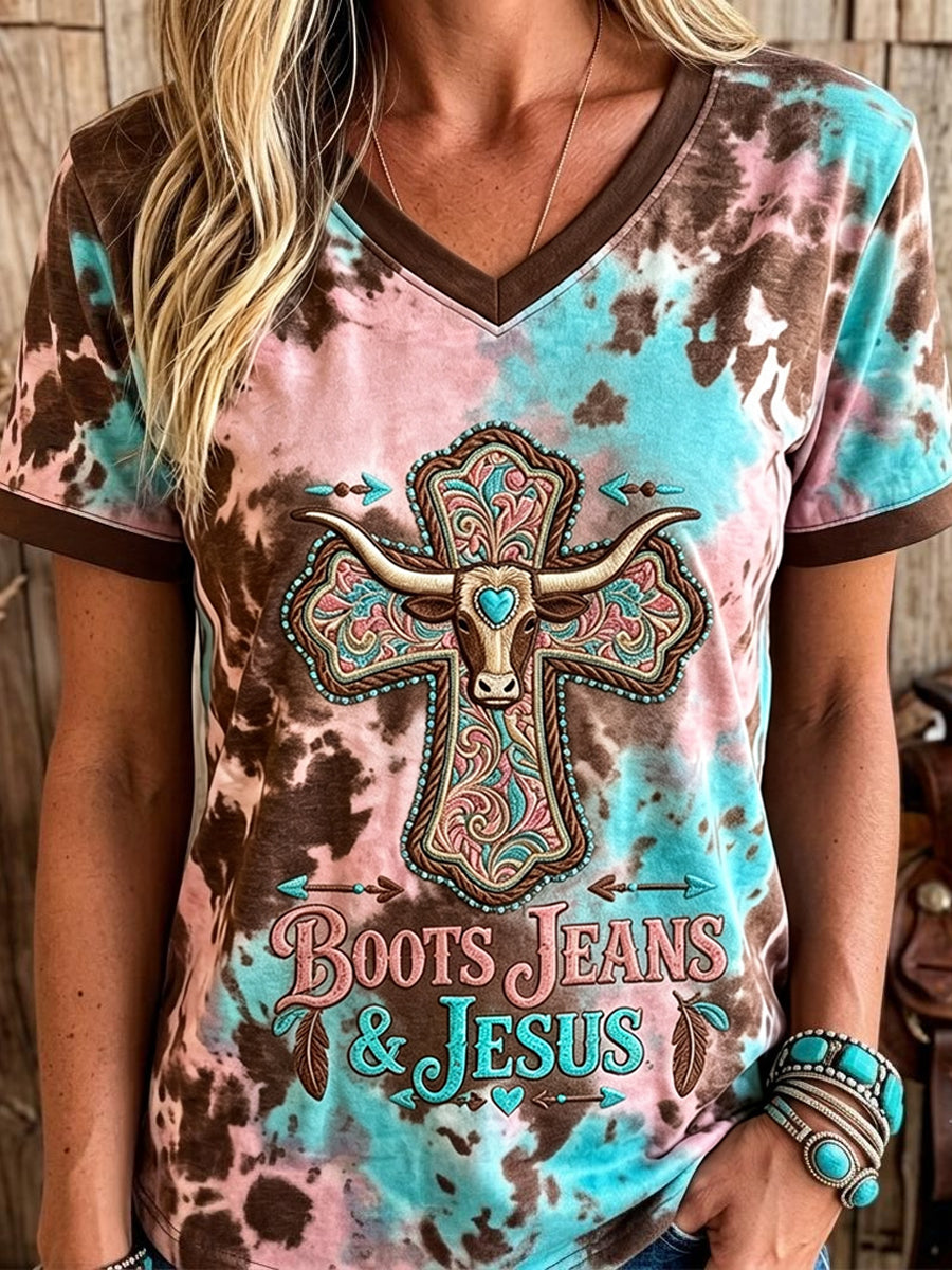 Damen Westerns tiefel Jeans & Jesus Faith Cross Print Kurzarm T-Shirt