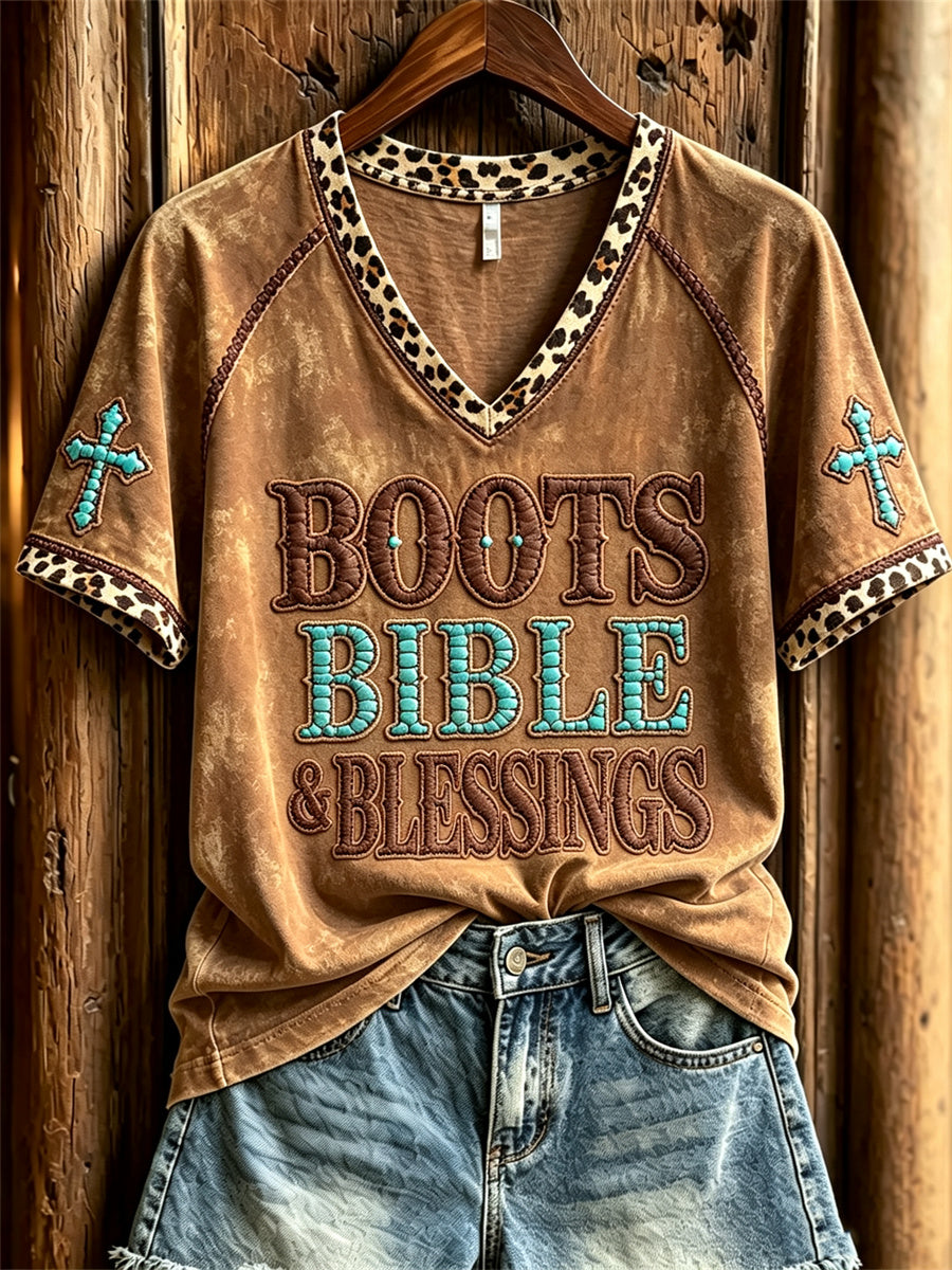 Damen Stiefel Bibel Segen Türkis Kreuz Leopard Print Kurzarm T-Shirt