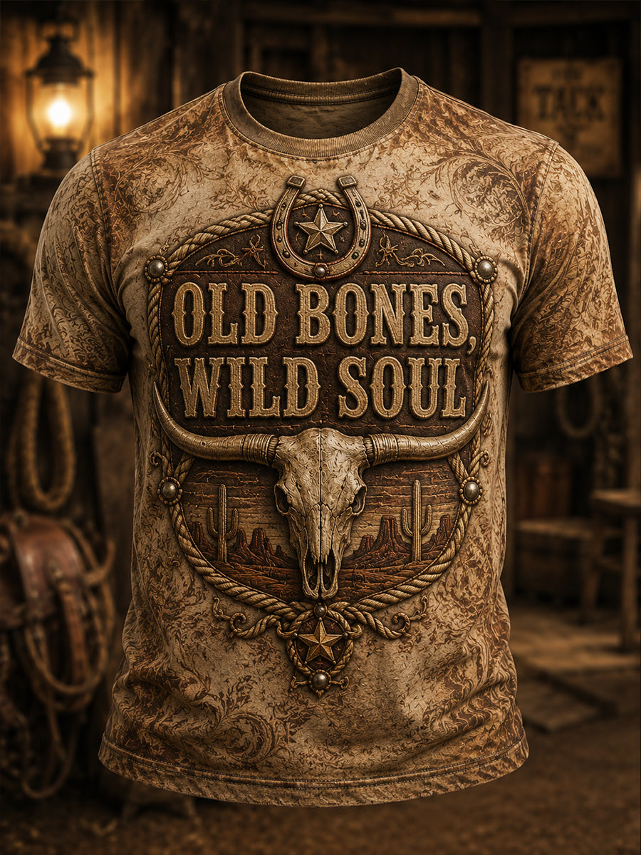 Herren-Retro-Western-Cowboy-T-Shirt mit Schädel-Print und Used-Look