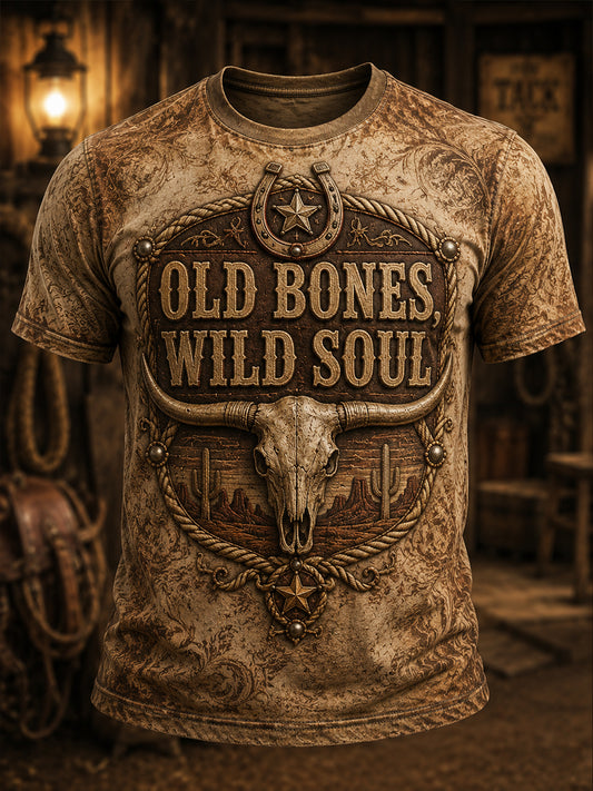 Herren-Retro-Western-Cowboy-T-Shirt mit Schädel-Print und Used-Look
