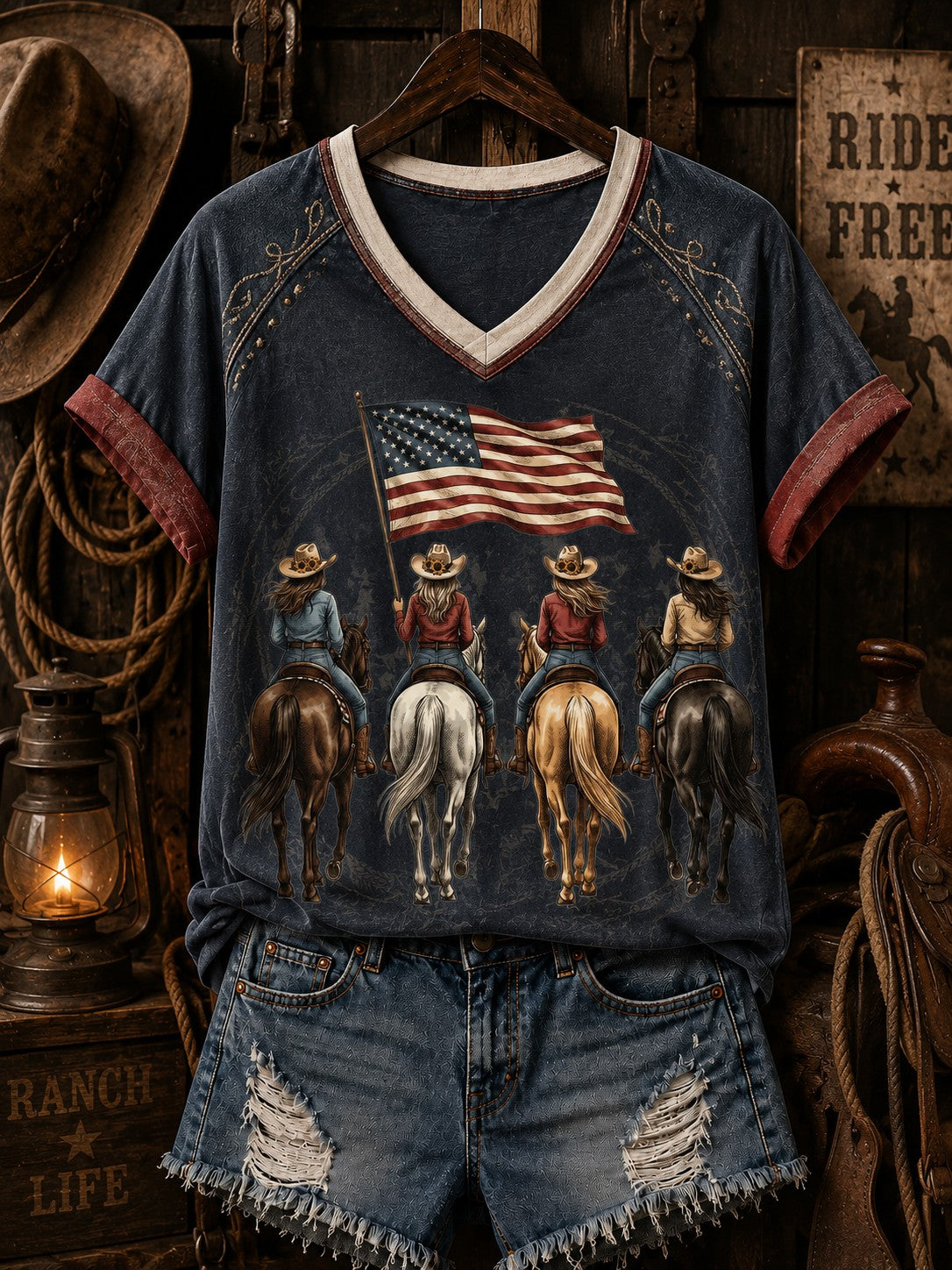 Damen-Reit-T-Shirt mit V-Ausschnitt und Schulterfrei-Print
