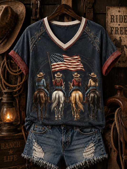 Damen-Reit-T-Shirt mit V-Ausschnitt und Schulterfrei-Print