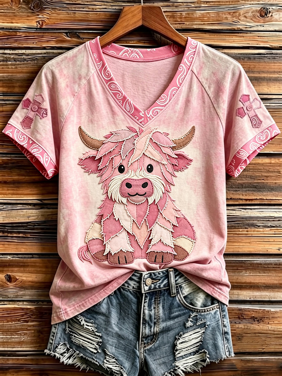 Damen Vintage Patchwork Highland Kuh Kunst Kreuz druck V-Ausschnitt Kurzarm T-Shirt