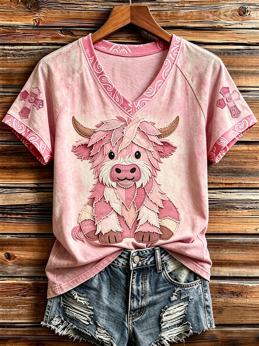 Damen Vintage Patchwork Highland Kuh Kunst Kreuz druck V-Ausschnitt Kurzarm T-Shirt
