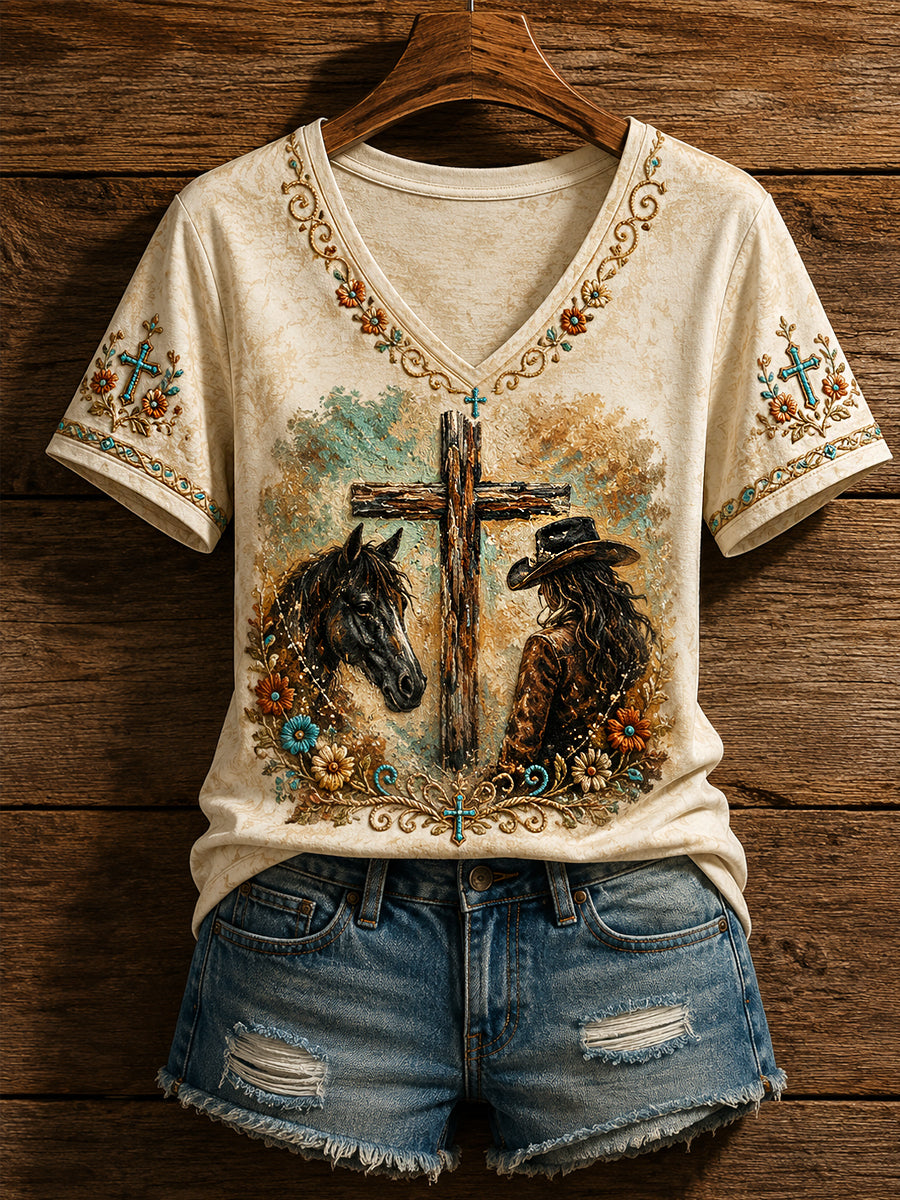 Damen Retro Western Faith Pferd und Cowgirl Print Casual V-Ausschnitt T-Shirt