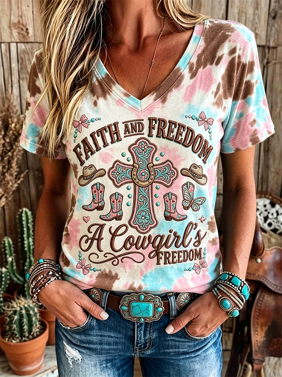 Kurz ärmel iges T-Shirt mit Kreuz druck für Frauen Western Cowgirl Freedom Faith