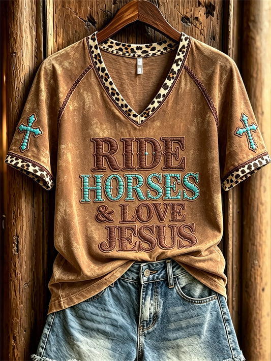 Damen Ride Pferde & Liebe Jesus Türkis Kreuz Leopard Print Kurzarm T-Shirt