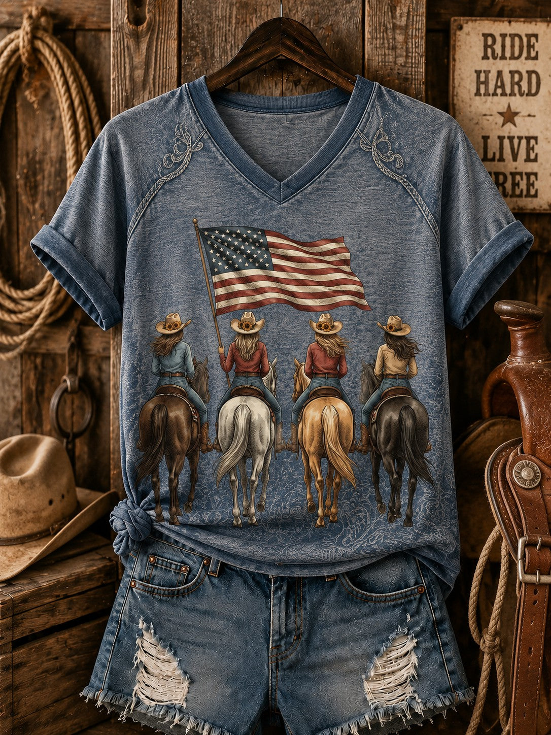 Damen-Reit-T-Shirt mit V-Ausschnitt und Schulterfrei-Print