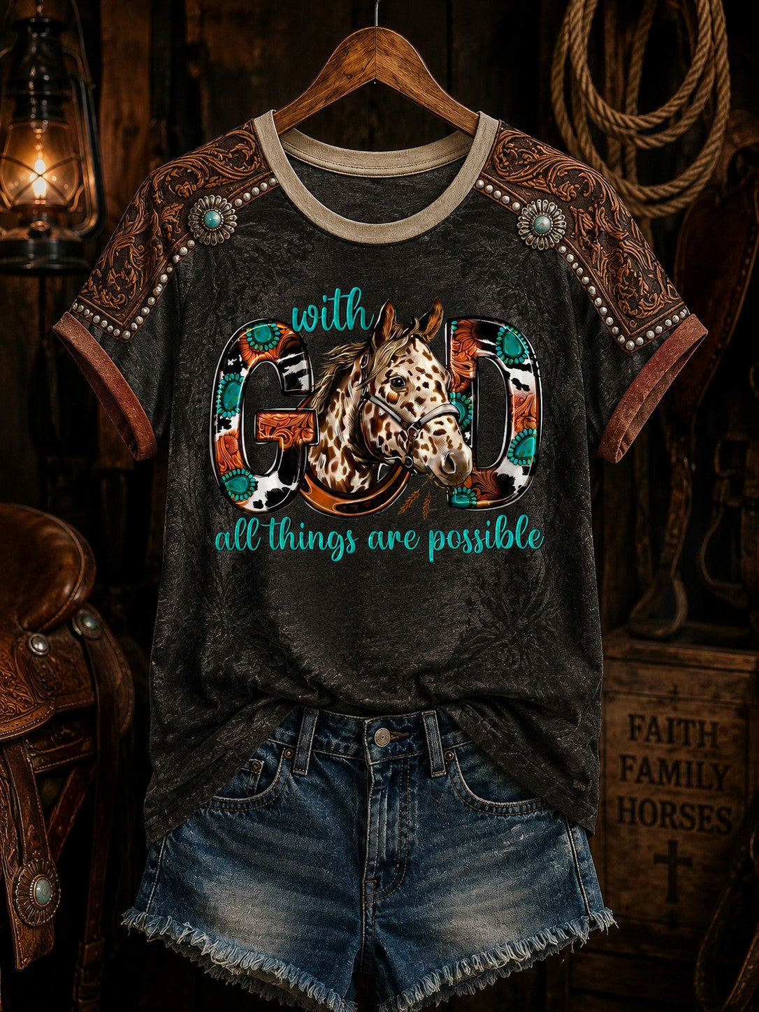 Frauen mit Gott Alle Dinge sind möglich Horse Western Faith bedrucktes schulter freies T-Shirt