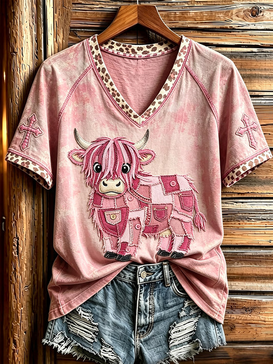 Damen-Vintage-Patchwork-T-Shirt mit Hochlandrind‑Motiv und V-Ausschnitt, kurze Ärmel