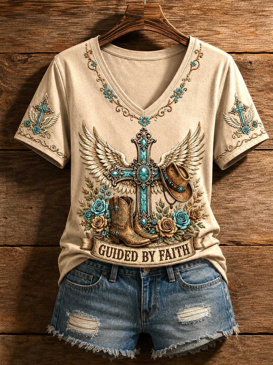 Damen Retro Western Guided By Faith Print Casual V-Ausschnitt T-Shirt