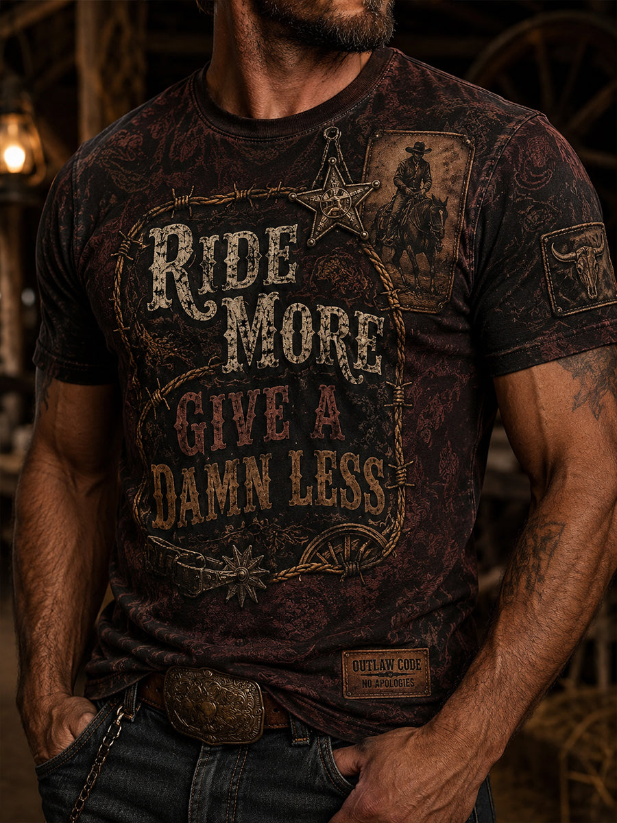 Herren-Retro-Western-Cowboy-T-Shirt mit Schädel-Print und Used-Look